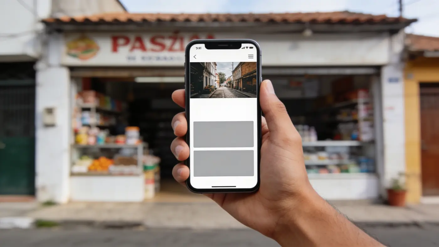 Comerciante mostrando a própria página de vendas no celular